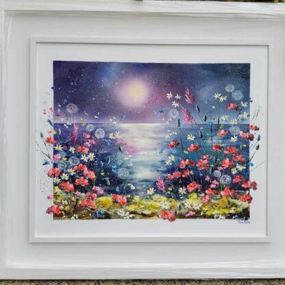 This painting evokes feelings of enchantment and invites you to enter into a seascape infused with moonlight and florals.  Textured and colourful, it will add a mood-enhancing